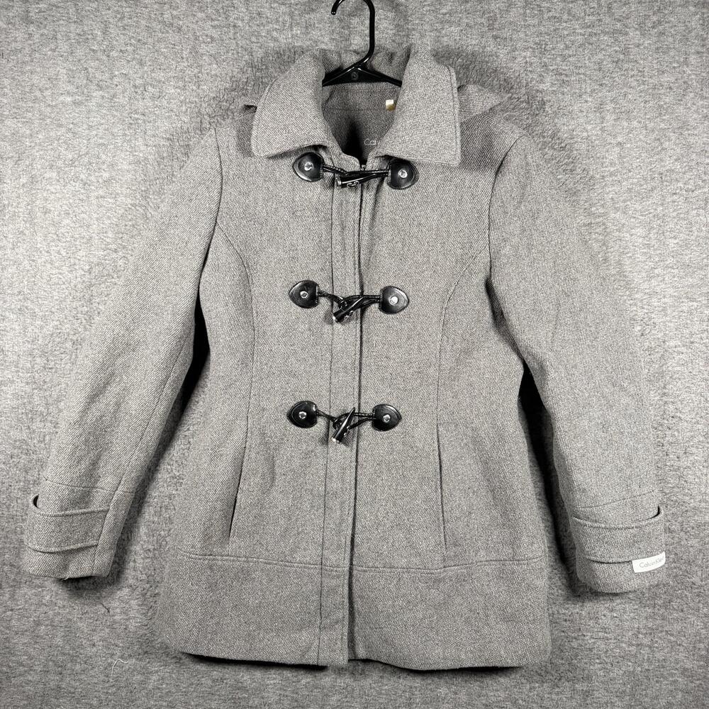 Calvin Klein Coat Womens 4 Gray Wool Hooded Toggle Duffle Parka Herringbone